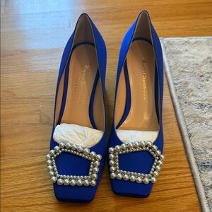 Rupert Sanderson Blue Heels with Pearl Embellishment